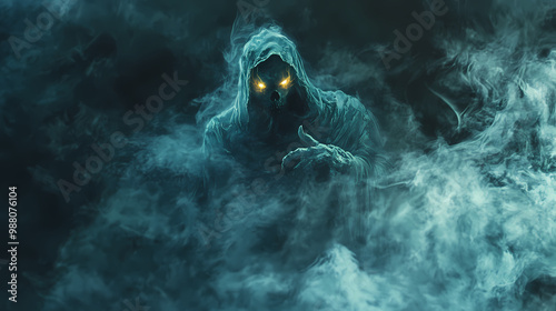 A mysterious djinn grim reaper emerging from smoke glowing eyes piercing through the darkness. Djinn. Illustration