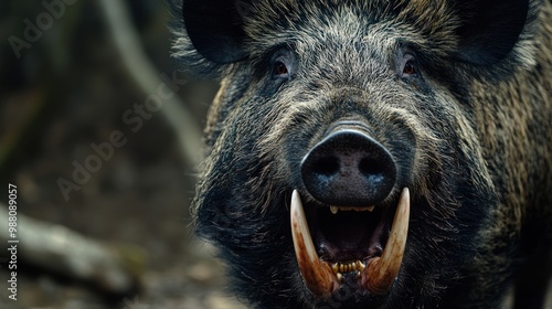 A close-up of a wild boar displaying its tusks in a natural setting.