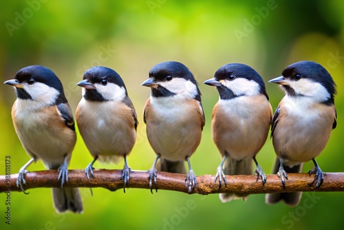 Small, non-migratory songbirds with black caps and white cheeks, perched on branch or feeder, displaying distinctive markings and vibrant personalities in natural settings.