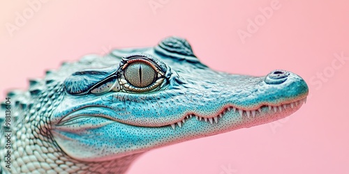 Close up of an alligator with blue scales on a pink background