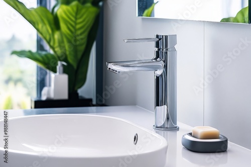 A modern minimalist bathroom sink, with a single soap dish and a simple chrome faucet