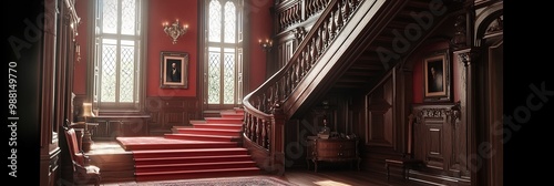 interior of an old mansion, a grand staircase with carved wooden railings and red wood steps