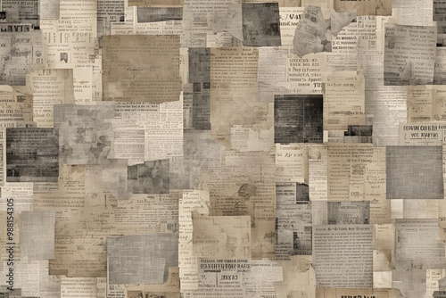 Newspaper paper grunge newsprint patchwork seamless pattern background. Newspapers in patchwork style. Beige and gray. notebook sheets, old newspaper