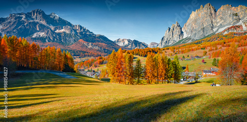 Exciting autumn view of countryside outskirts of Cortina d'Ampezzo town. Spectacular morning scene of Dolomite Alps, Italy, Europe. Beauty of countryside concept background..