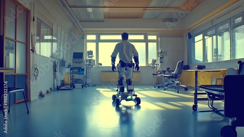 Man using modern exoskeleton in rehabilitation center