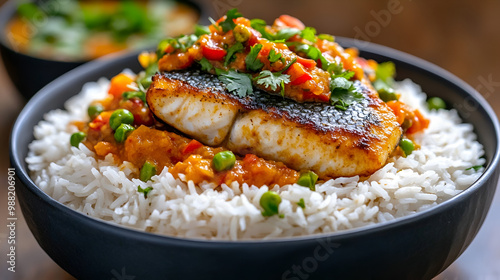 close up of rice paired with a traditional Indian fish curry The fish fillets are cooked in a tangy sauce