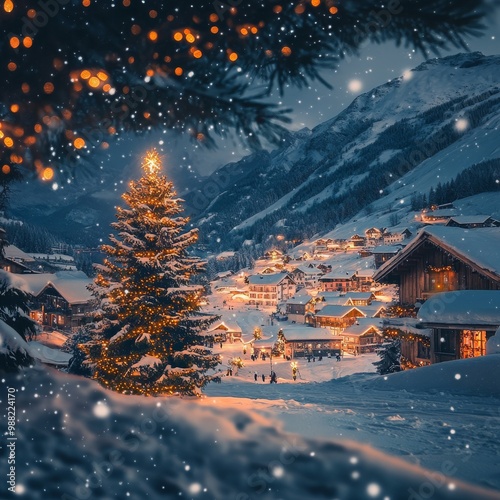 **photo of a a small village in the valley of the hill, snow is falling Christmas,Christmas background. Xmas tree with snow decorated with garland lights, moonlihght, cinematic, relistic, light,backgr