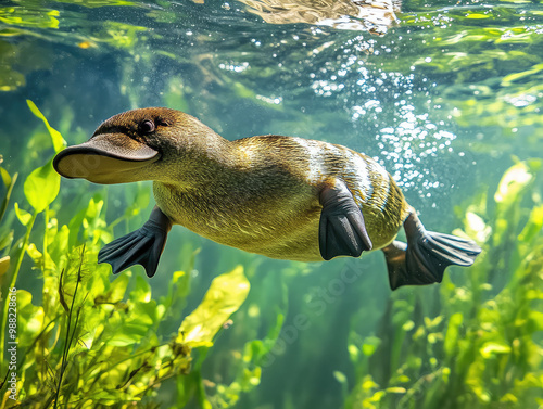 Platypus Swimming Underwater in Clear Stream