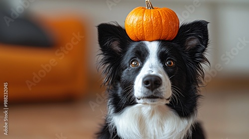 A playful border collie balances a bright pumpkin, perfect for festive Thanksgiving and Halloween promotions, capturing a cheerful autumnal vibe.