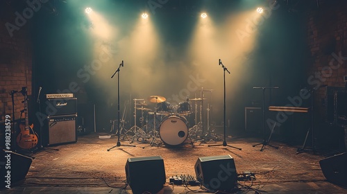 Circular arrangement of musical instruments on stage, drums, guitars, and mics positioned perfectly, soft lighting highlighting the calm before the performance