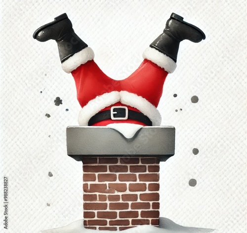 Humorous Santa Claus stuck in chimney with legs pointing up