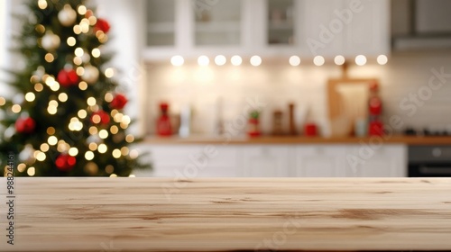 Cozy kitchen with festive Christmas tree in the background, perfect for holiday gatherings and cheerful celebrations.