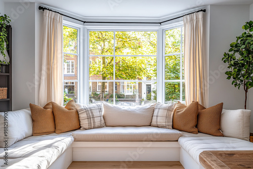 Bright living room with large bay window and cozy seating surrounded by green trees in a suburban neighborhood