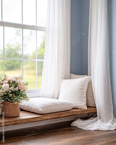 Cozy window nook with fresh flowers and soft cushions inviting relaxation in a serene indoor space