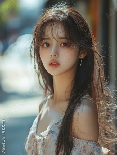 A stunning young woman captures attention in her chic summer outfit and flowing hair while walking along the vibrant street.