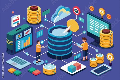 Two individuals engage in database management research, utilizing various digital tools and visual analytics in a collaborative workspace.