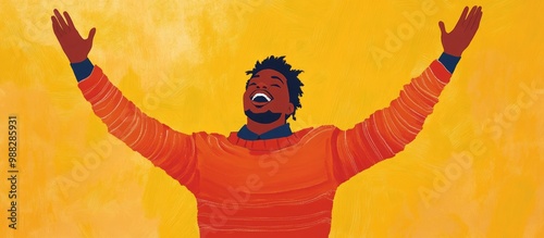 Excited young African American man in a casual winter sweater celebrates victory with raised arms and a joyful smile embodying a sense of success and achievement