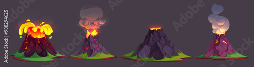 Volcano eruption with flowing lava and smoke cloud on island. Cartoon vector illustration set of game ui Jurassic period landscape elements. Rock mountain erupt and explode with hot orange magma.