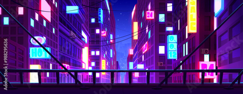 View from roof top on night city downtown street with neon glow signs and ad boards. Blue and purple cartoon vector urban landscape with skyscraper buildings. Futuristic illuminated cityscape.