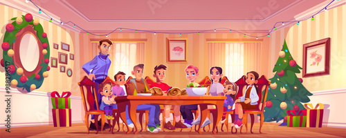 Family having Christmas dinner at home. Vector cartoon illustration of boys and girls sitting at table, father serving homemade food, living room decorated with X-mas tree and wreath, gift boxes