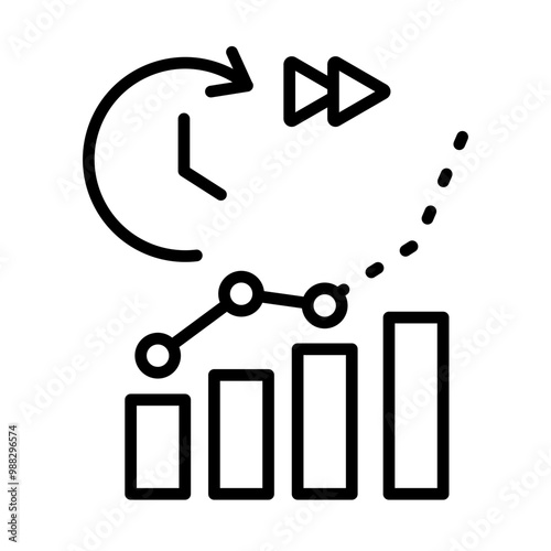 Icon for predicting the future. There is a clock and a graph showing the future.