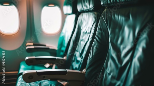 An airplane cabin with rows of empty seats adjacent to a window