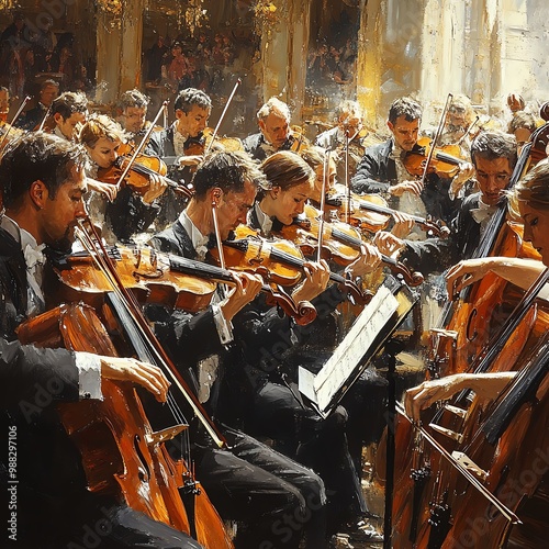 A full orchestra tuning their instruments before the start of a concert, the anticipation of classical music filling the air Orchestra, Classical Music, Concert, Anticipation