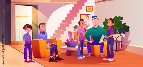 Father and kids communicating at home. Vector cartoon illustration of happy family in house living room, cheerful man sitting in armchair, smiling at teen son and daughter, enjoying time together