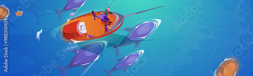 Top view on sinking fishing boat surrounded by huge whales under water. Cartoon vector illustration landscape of scared men and teenagers on board of fisherman ship having accident and drowning.