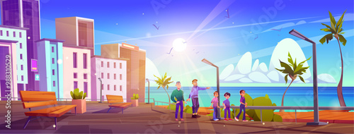 Two men and three teenagers walking on waterfront street with blue sea or ocean water on horizon, wooden bench and green palm trees, city skyscraper buildings and sunny sky with clouds. Cartoon vector