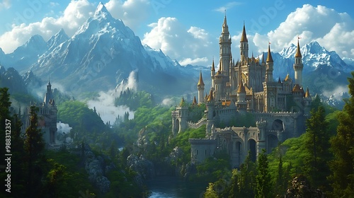 A fantasy kingdom in 4D animation with evil queens ruling over animated elves, fairies, and magical animals, with enchanted castles towering over mystical forests 