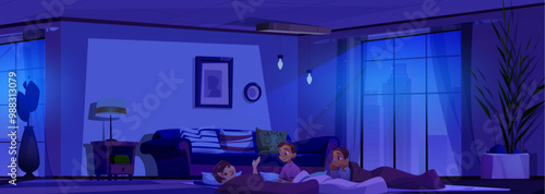 Teen kids lying on floor covered with blankets and talking at night. Children sleepover under moonlight through window. Cartoon vector illustration of teenagers pajama party at home on dusk.