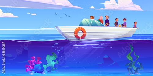 People on board of yacht. Vector cartoon illustration of happy children and fathers enjoying sea voyage on summer day, underwater bottom view with seaweeds, stones and bubbles, birds flying in sky