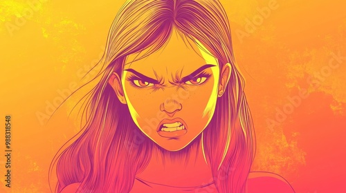 Line art illustration featuring a warm gradient of a cartoon woman expressing annoyance