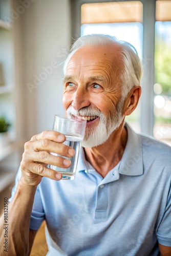 Positive senior man keeps healthy preventing dehydration by drinking enough water