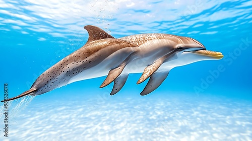 Pantropical spotted dolphins swimming in tropical waters, their playful behavior on full display as they leap and dive among coral reefs.