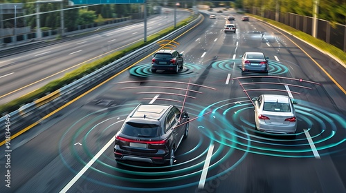 Autonomous cars driving on a highway. The cars are equipped with sensors that allow them to navigate safely and efficiently.