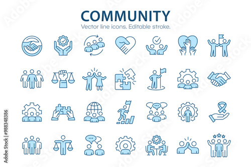 Community icon set, such as people, handshake, team, partnership and more. Vector illustration isolated on white. Editable stroke.