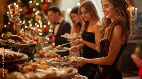 Business people are lining up to take food from a buffet table full of delicious dishes during a corporate christmas party. The banquet hall is full of people. Merry Christmas Happy New Year event