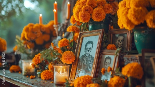 Traditional Day of the Dead altar with framed ancestor photos, vibrant marigold flowers, and flickering candlelight in a spiritual atmosphere