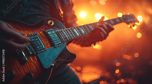 A Guitarist Performing on Stage, Their Guitar Strings Vibrating with Energy, Capturing the Passion, Music, and Dynamic Movement of a Live Performance in a Concert Setting 