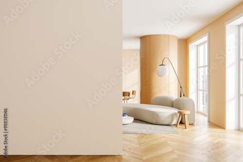 Beige home living room interior with rest and dining zone, window. Mockup wall