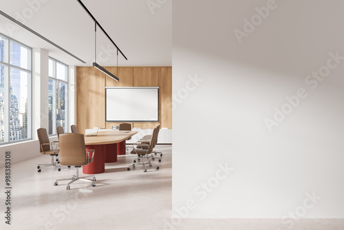 Conference room interior with blank projection screen, window. Mockup wall