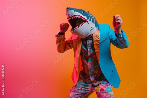 Freak in shark mask dancing, masquerade, absurd carnival, having fun in costume party, weird mask head