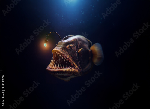 A deep sea fish with a glowing lure on its head and sharp teeth.