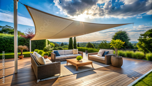 Relaxing patio with sunshade sail shading a cozy outdoor lounge area, patio, sunshade sail, shade, relaxation, outdoor