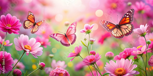 Pink butterflies gracefully fluttering amongst vibrant flowers, pink, butterflies, fluttering, vibrant, flowers, nature, beauty