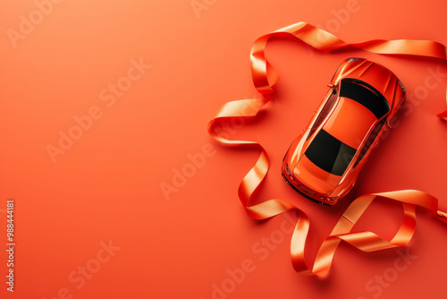 Sports toy car with golden ribbon on orange background