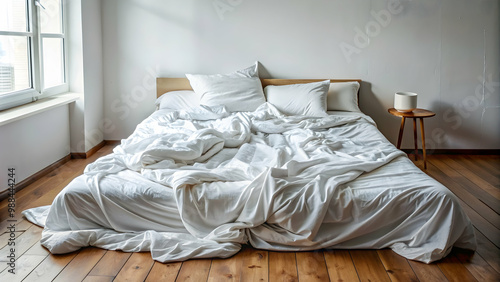 Unmade bed in a room with rumpled bed , messy, disheveled, bedroom, interior, home, decor, linens, rumpled, undone, laziness