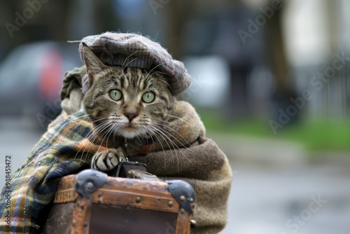 An artistically rendered anthropomorphic cat dressed as a homeless tramp with a hat and scarf walks along an urban backdrop.